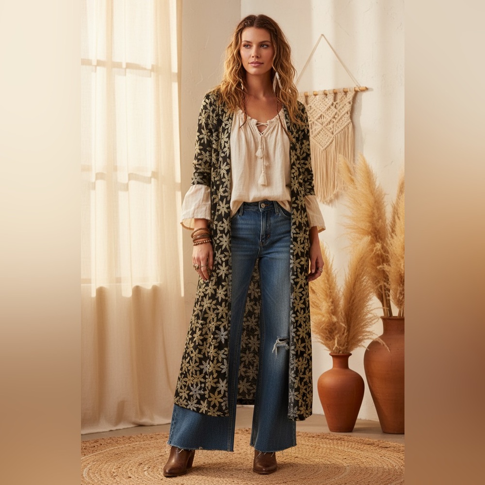 LuLaRoe Elegant Sarah Duster Cardigan • Gold and Silver Metallic Floral Foil